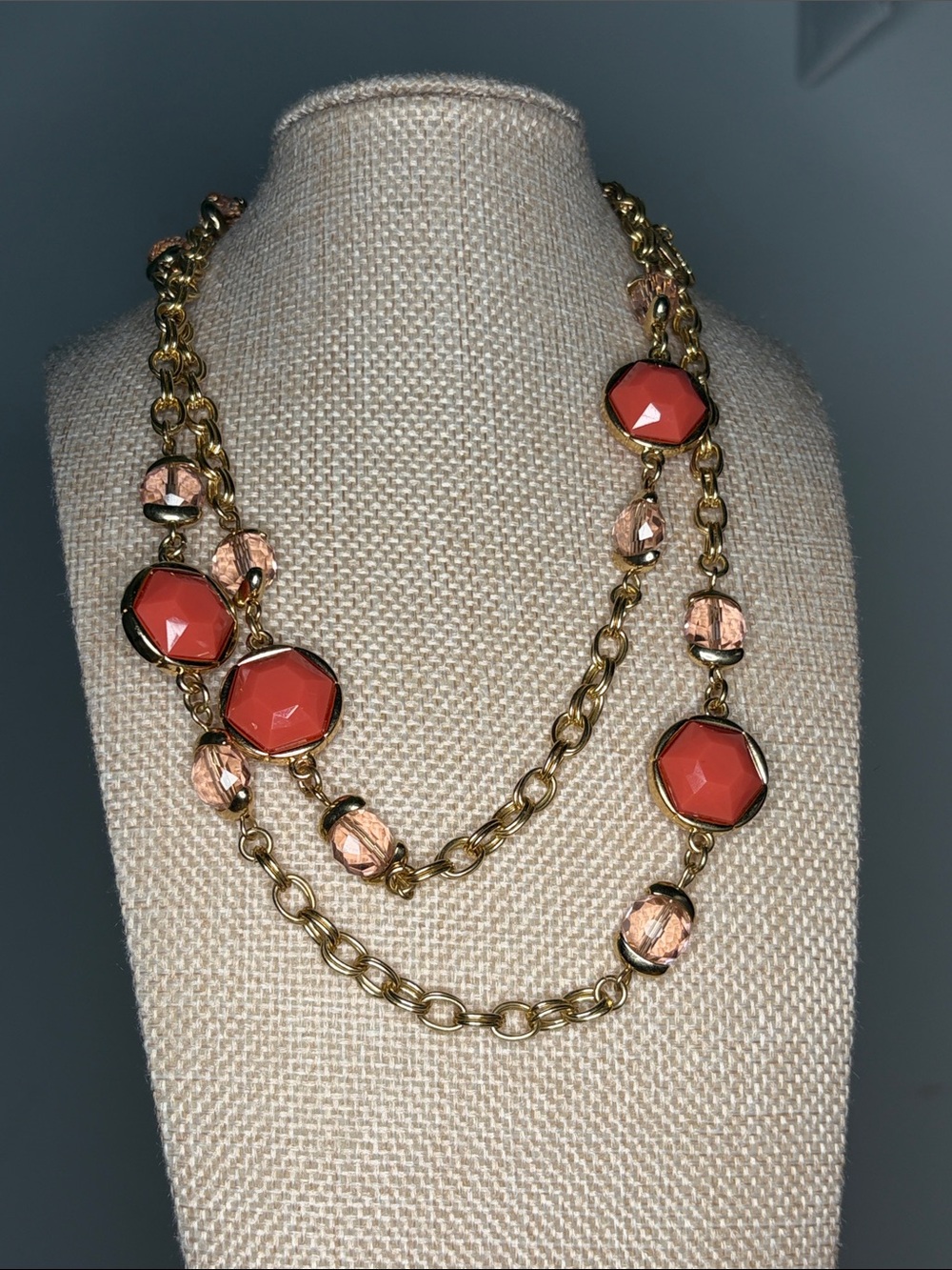 Gold Tone Chain Necklace with Coral and Blush Gemstones